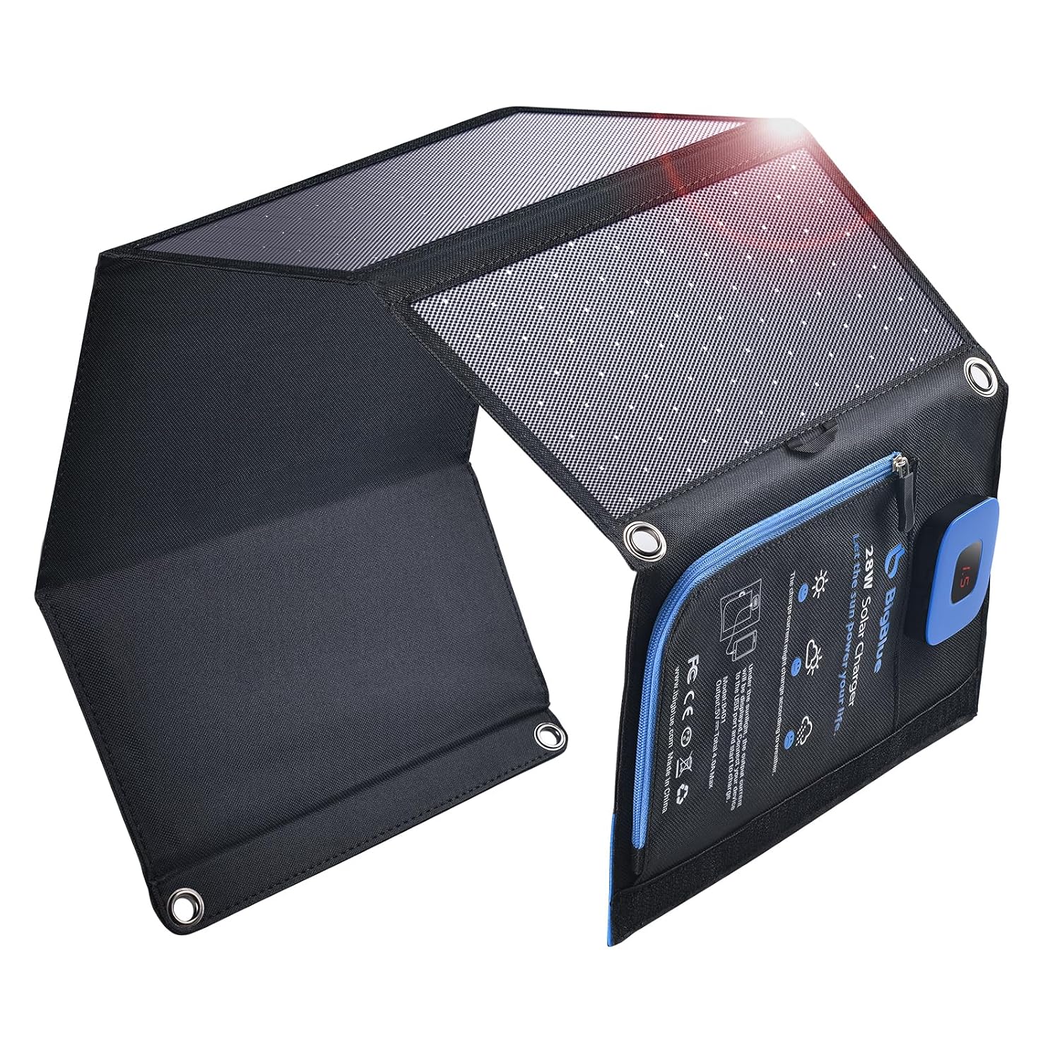 Big Blue 28 W Cargador Solar Portátil, 2 Puertos (USB-C/USB-A) y IP44 Impermeable, Panel Solar Plegable con LCD Amperímetro Digital para Dispositivos Recargables, i Phone, Android, Go Pro Etc