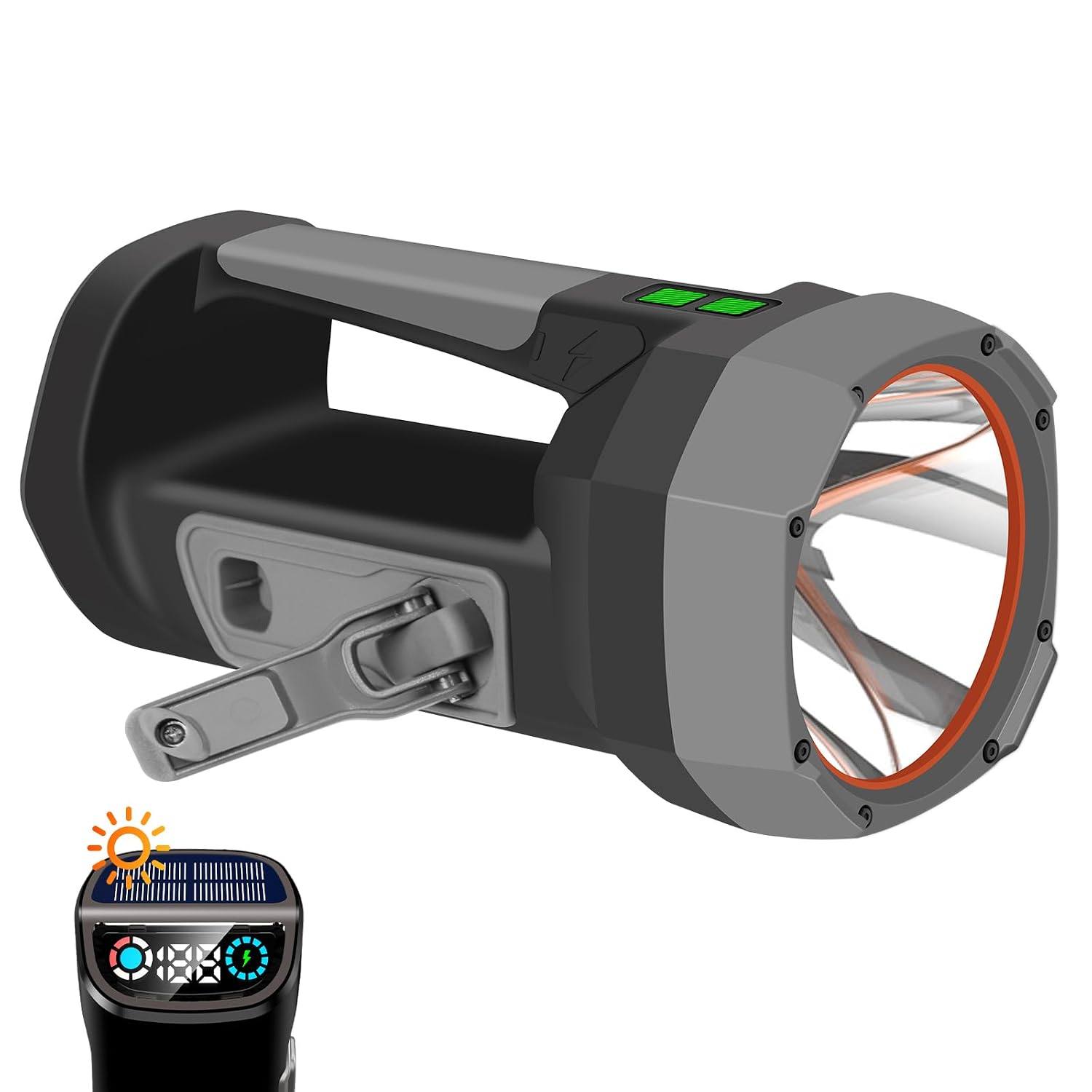 Linterna LED de Manivela, Solar, Recargable, 6 Modos, 5200 m Ah | 2000 lm, con luz Lateral, IP67, Salida USB, ideal para Actividades al aire libre y Situaciones de Emergencia