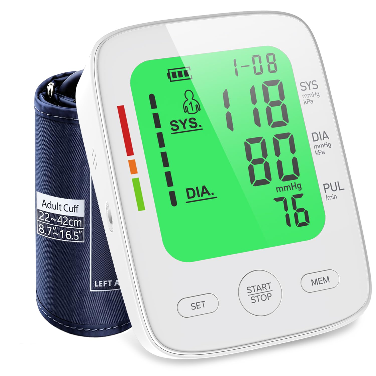 Tensiómetros de brazo con gran pantalla LCD tricolor, clínicamente validado, brazalete ajustable tamaño 22-42cm, Detector defrecuencia cardiaca, detección de arritmias, 2 x 99 Memorias（ Blanco）