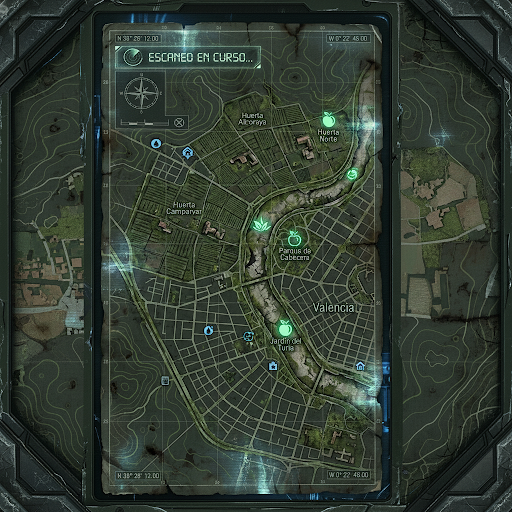 Tactical urban foraging map of Valencia with markers at Jardín del Turia and Huerta de Campanar
